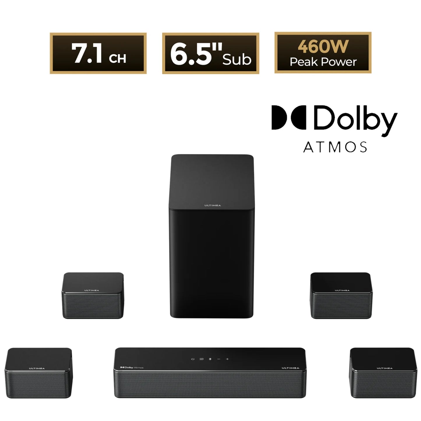 ULTIMEA 500W 7.1ch Dolby Atmos Soundbar with Wireless Subwoofer & 4 Surround Speakers, Home Theater System with APP Control