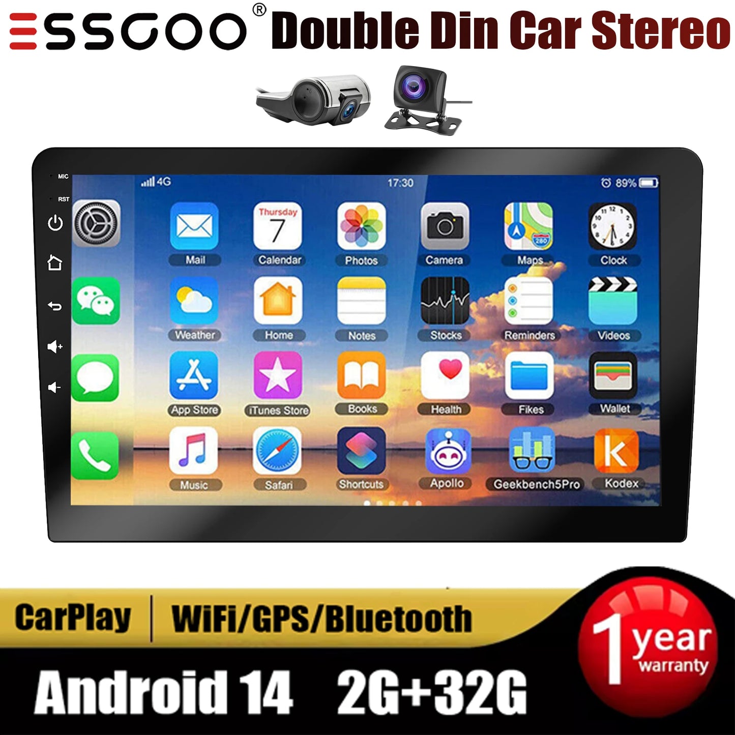ESSGOO 10.1" Android 14 Carplay Car GPS Radio Stereo Double 2Din Head Unit FM SWC Bluetooth 4+64GB IPS Split Touch Screen WiFi