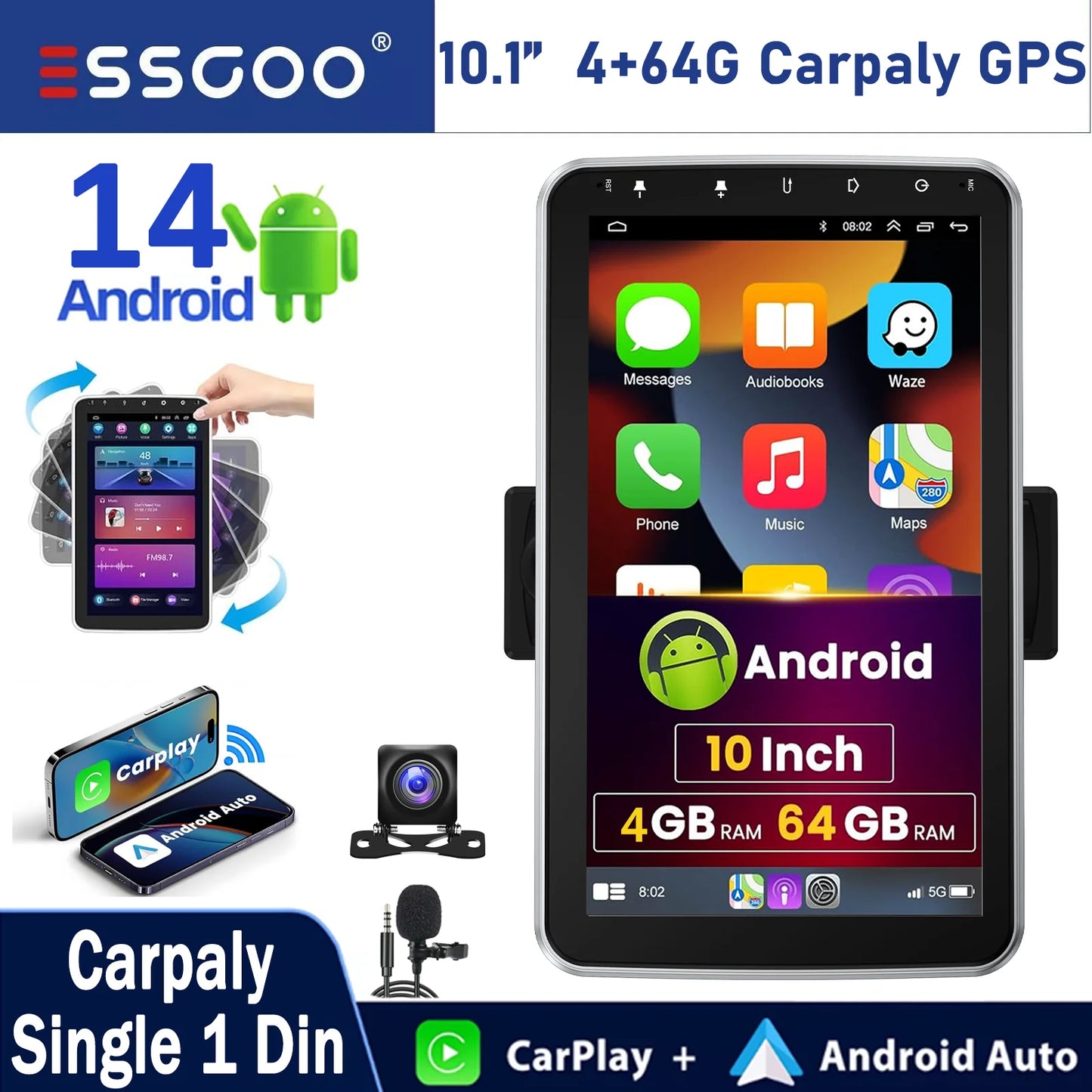 ESSGOO 10.1 Inch 4+64GB Rotatable IPS Touchscreen Single 1 DIN Car Stereo Wireless Apple Carplay Android Auto FM Bluetooth GPS