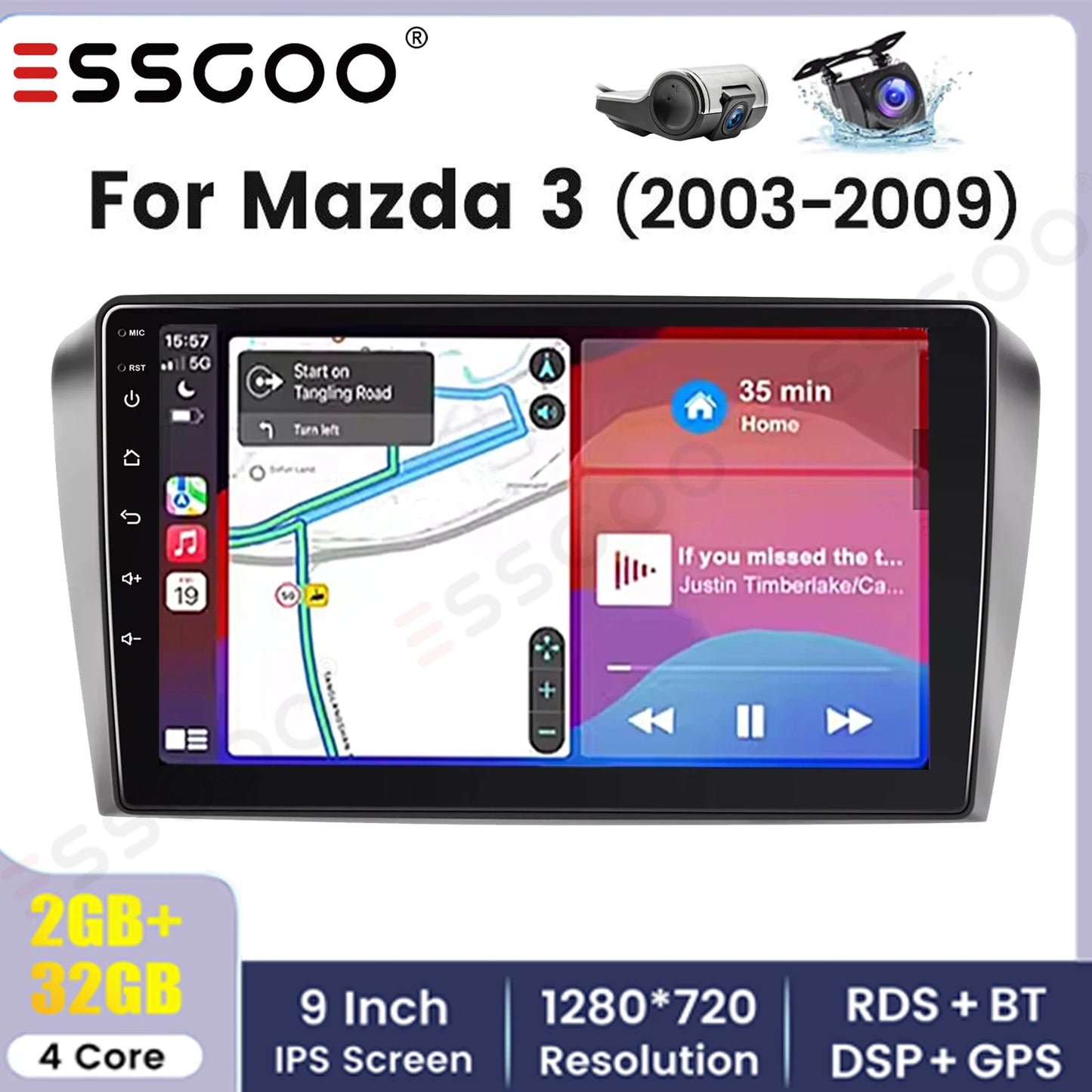 9" Android 14 Car Stereo Radio 4+64G For Mazda 3 2003-2009 GPS Navigation Apple CarPlay WiFi Bluetooth FM/RDS SWC+DAB&DVR&Camera