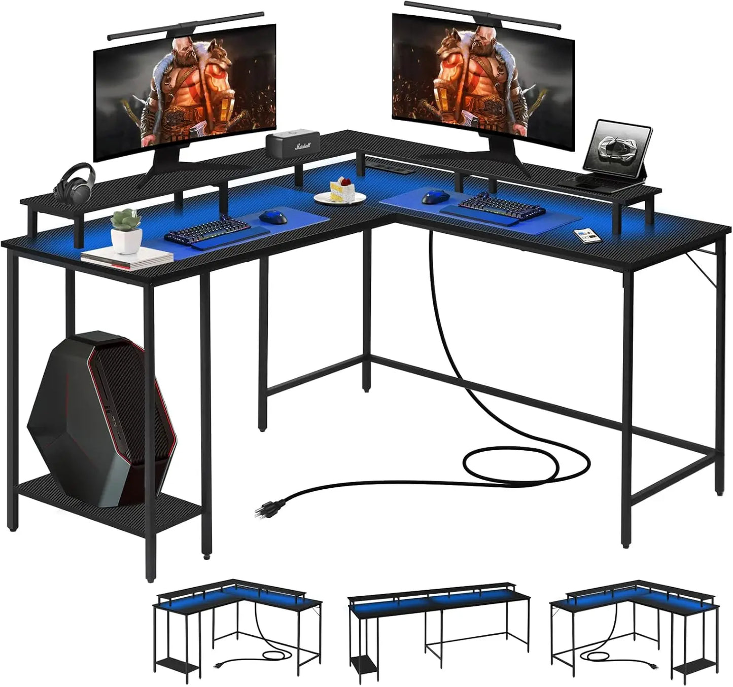 Panana 53.5" L Shaped Computer Desk Gaming Desk with LED Lights and Power Outlets, Reversible L Shaped Corner Desk