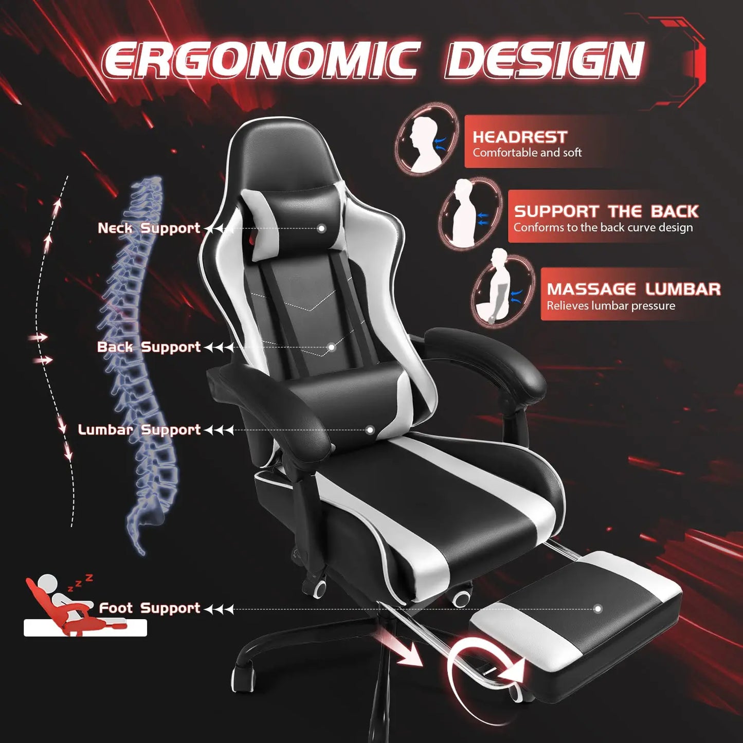 Gaming Chair with Footrest & Massage Lumbar Support, Ergonomic Adjustable Office Chair
