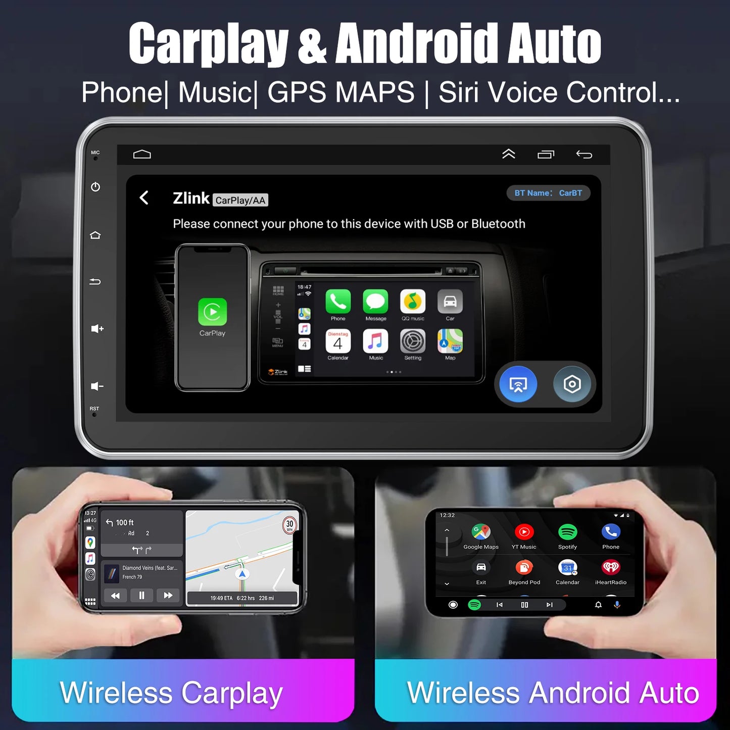 ESSGOO 10.1 Inch 4+64GB Rotatable IPS Touchscreen Single 1 DIN Car Stereo Wireless Apple Carplay Android Auto FM Bluetooth GPS