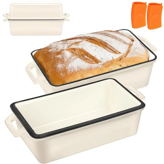 2 in 1 Enameled Cast Iron Bread Pan with Lid, 9x5 Loaf Pans for Homemade Sourdough Bread, Cake, Meatloaf, Even Heating Bread Dut
