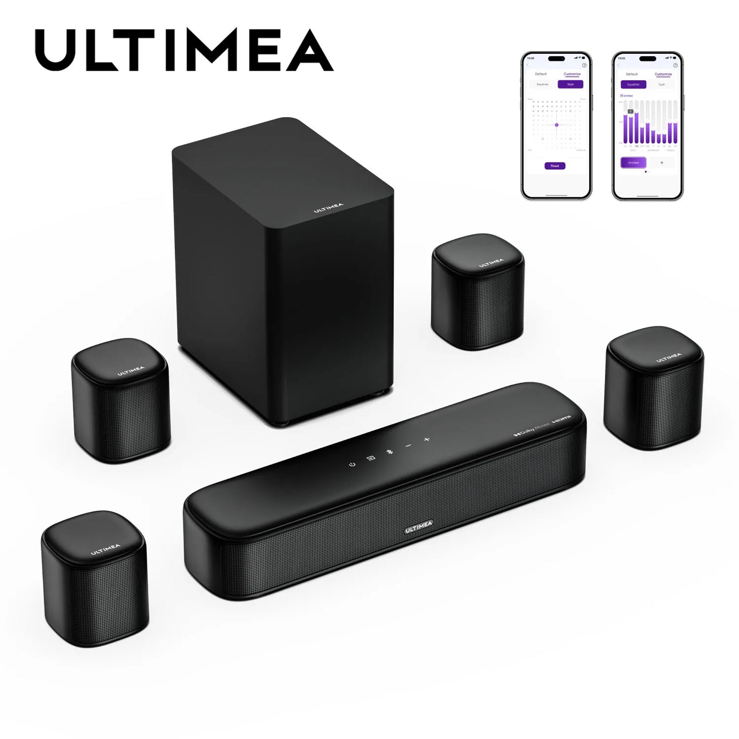 ULTIMEA Aura A60 7.1ch Sound Bar with Dolby Atmos Surround Sound System for TV with 4 Black Surround Speakers for Home Theater
