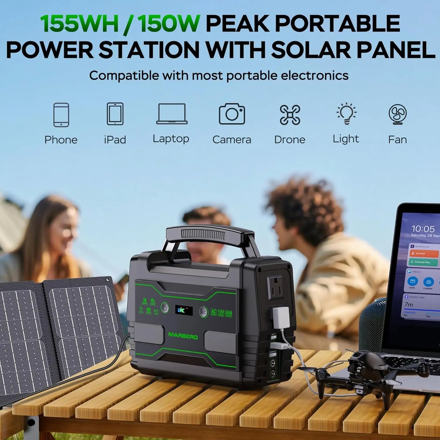 155Wh Solar Generator with 30W Panel, 2 AC Outlets, QC3.0 USB - Portable Power Station for Camping & Home Backup