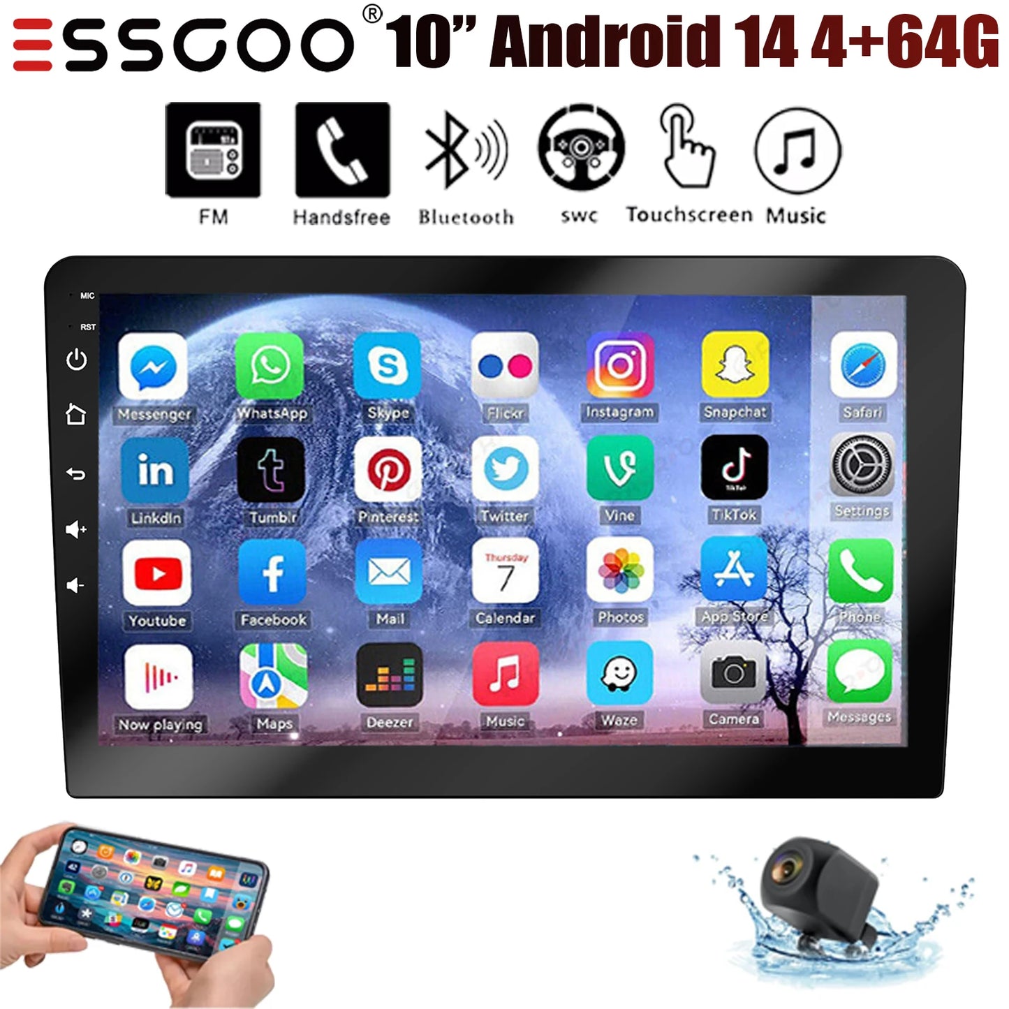 ESSGOO 10.1" Android 14 Carplay Car GPS Radio Stereo Double 2Din Head Unit FM SWC Bluetooth 4+64GB IPS Split Touch Screen WiFi