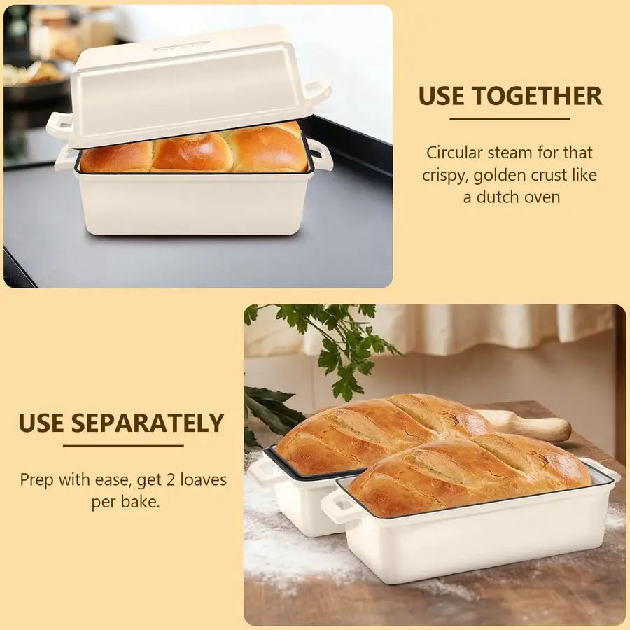 2 in 1 Enameled Cast Iron Bread Pan with Lid, 9x5 Loaf Pans for Homemade Sourdough Bread, Cake, Meatloaf, Even Heating Bread Dut