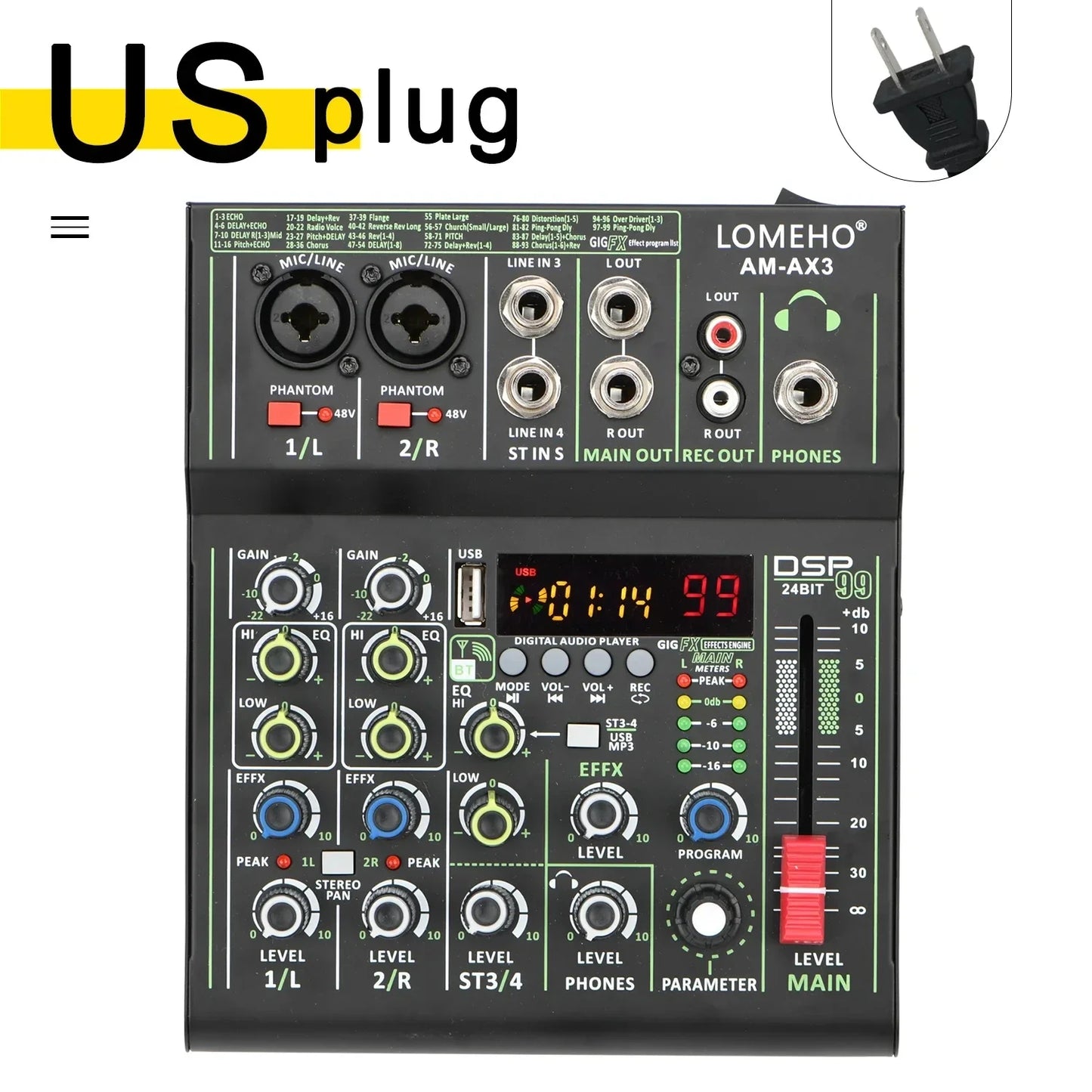 LOMEHO 4 Channel Audio Mixer Mini Portable Sound Mixing Console Bluetooth USB Play Record 99 DSP Effect 48V Dj Controller AM-AX3