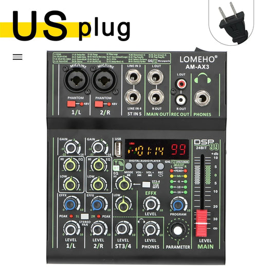 LOMEHO 4 Channel Audio Mixer Mini Portable Sound Mixing Console Bluetooth USB Play Record 99 DSP Effect 48V Dj Controller AM-AX3