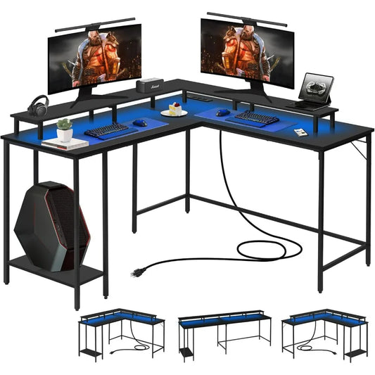 Panana 53.5" L Shaped Computer Desk Gaming Desk with LED Lights and Power Outlets, Reversible L Shaped Corner Desk