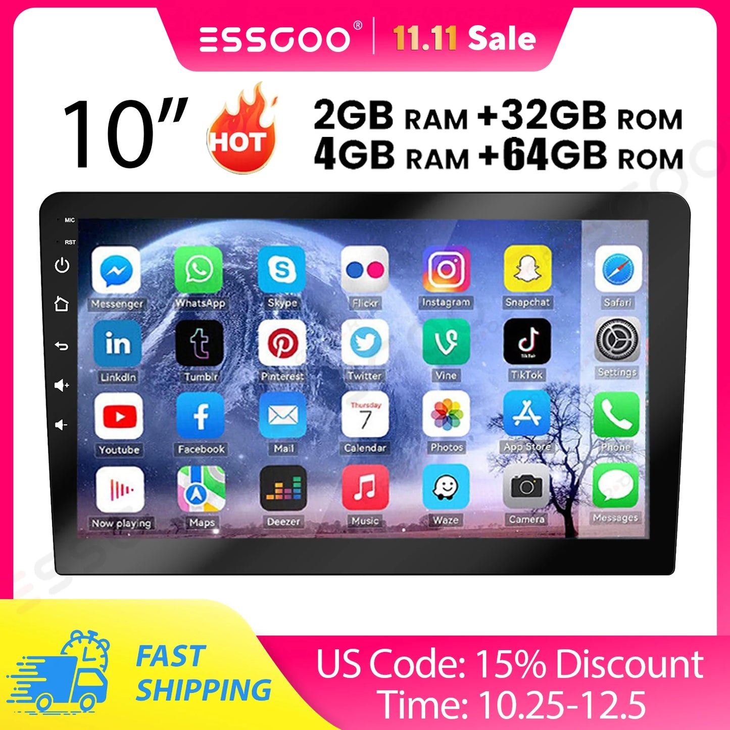 ESSGOO 10.1" Android 14 Carplay Car GPS Radio Stereo Double 2Din Head Unit FM SWC Bluetooth 4+64GB IPS Split Touch Screen WiFi