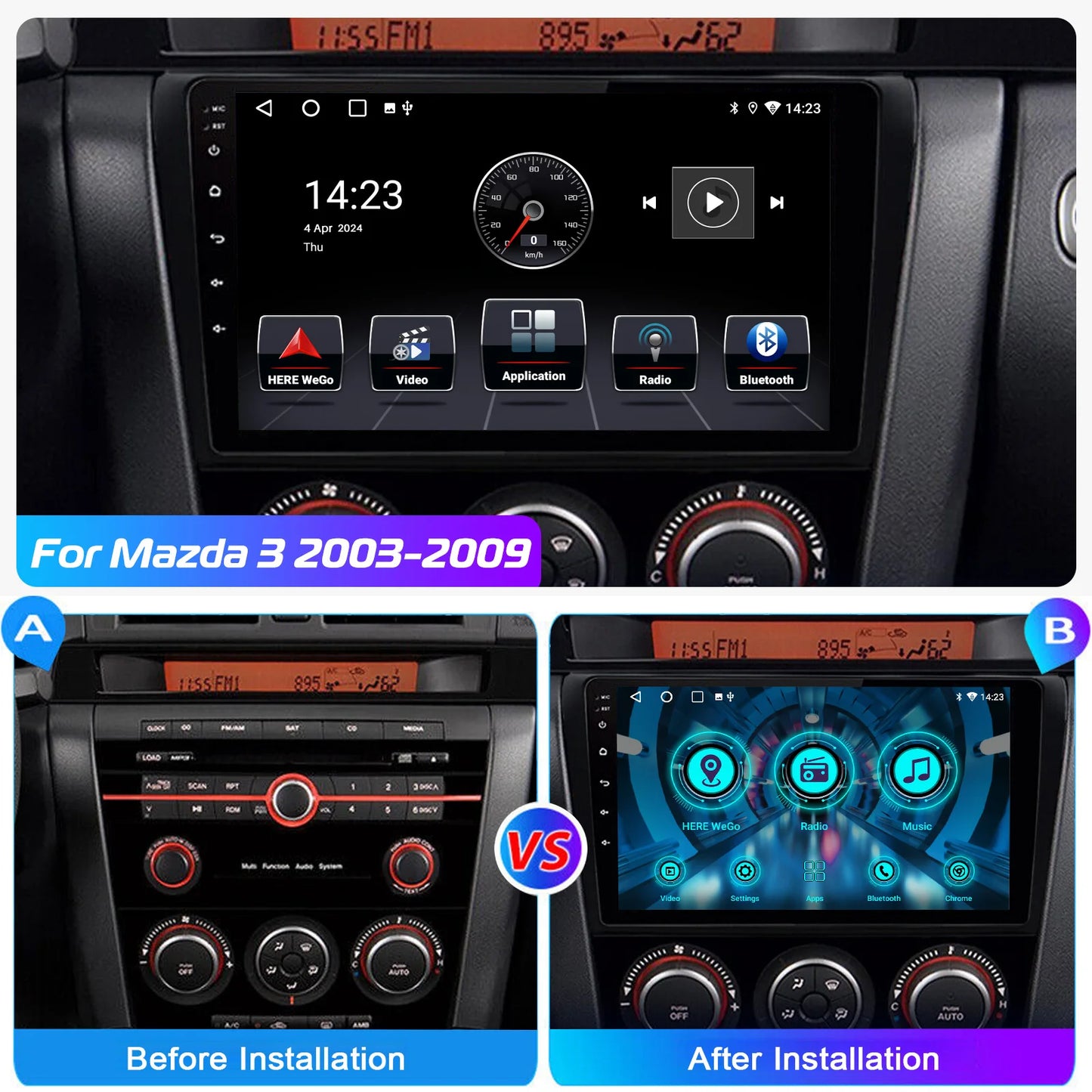 9" Android 14 Car Stereo Radio 4+64G For Mazda 3 2003-2009 GPS Navigation Apple CarPlay WiFi Bluetooth FM/RDS SWC+DAB&DVR&Camera