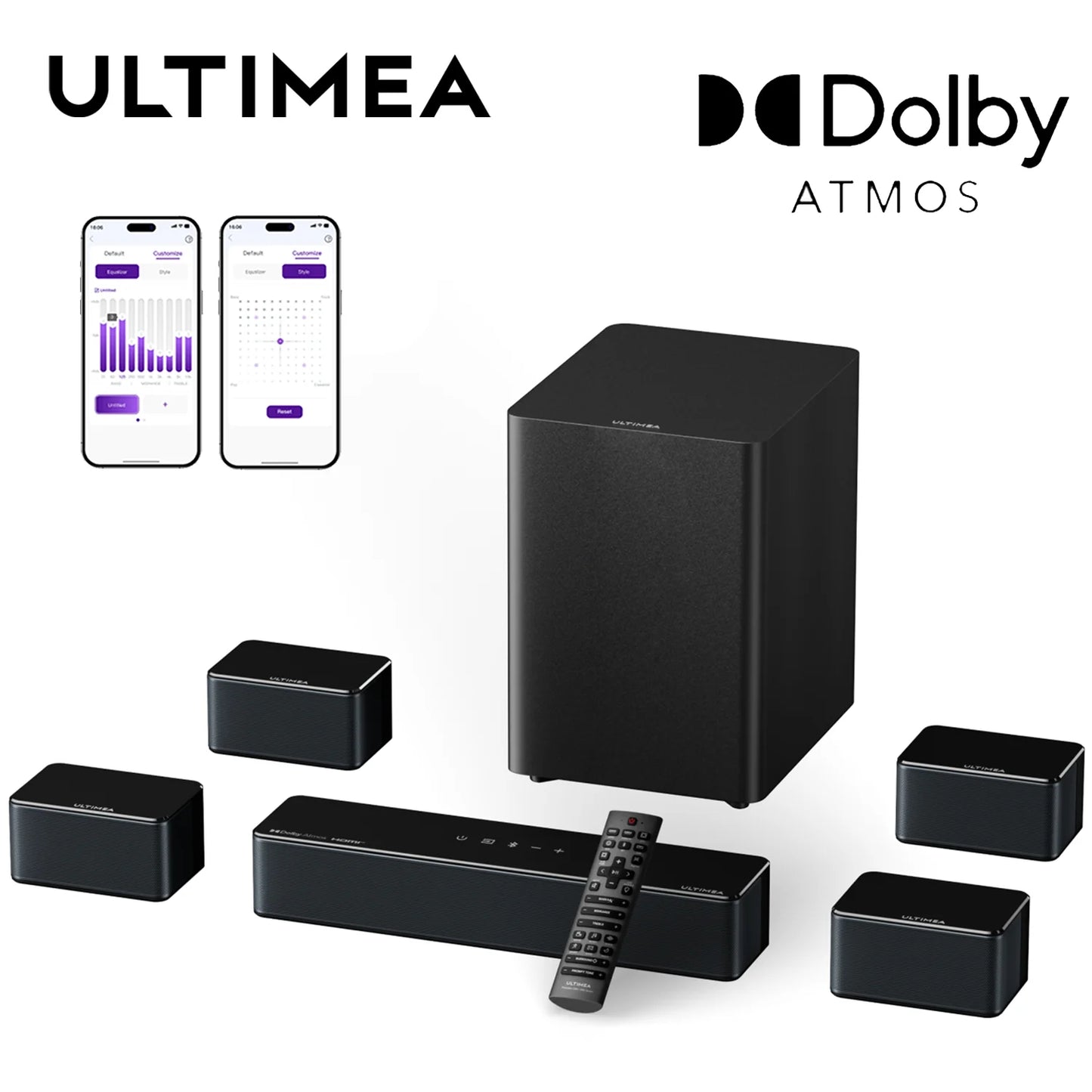 ULTIMEA 7.1Ch Soundbar with Dolby Atmos, APP Control, Surround Sound System for TV, 4 Wired Surround Speakers, Sound Bar for TV