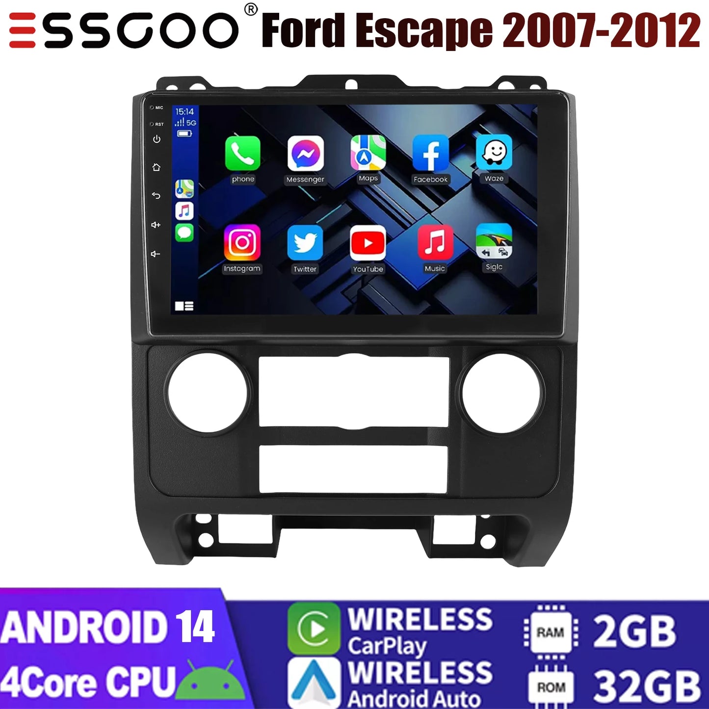 9" Car Stereo Radio For Ford Escape 2007-2012 Apple Carplay GPS Navigation WIFI 2G+32G Android 14 SWC Bluetooth FM/RDS Head Unit