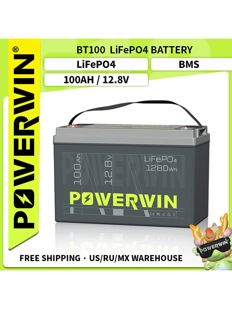 POWERWIN BT100 12.8V 100Ah 1280Wh LiFePO4 Battery 4000+Deep Cycle Rechargeable Built-in BMS Grade A Cell Solar Power Inverter RV