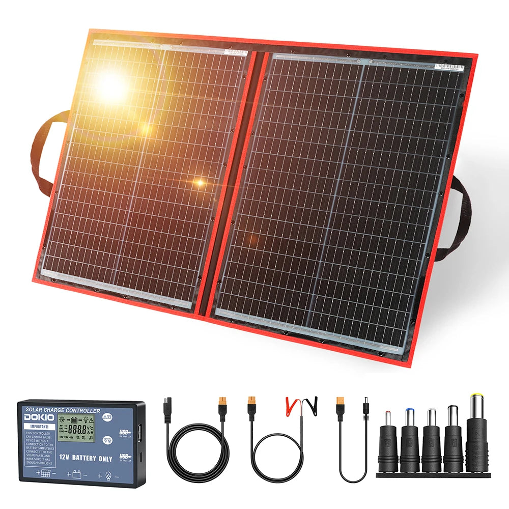 Dokio 18V 100/160/200/300 W Portable Foldable Solar Panel with 12V Controller to Charge Battery suitable for Camp