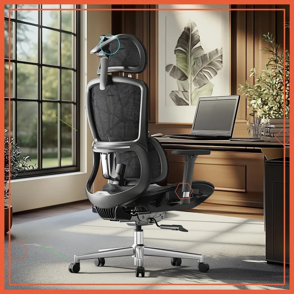Ergonomic Mesh Office Chair with 6-Way Lumbar Support, 3D Adjustable Armrests & Headrest, High Back Computer Chair Black