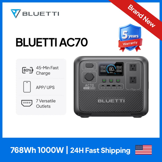 [US Plug] BLUETTI AC70 Portable Power Station | 1000W 768Wh, Solar Generator for Road Trip, Off-grid, Power Outage