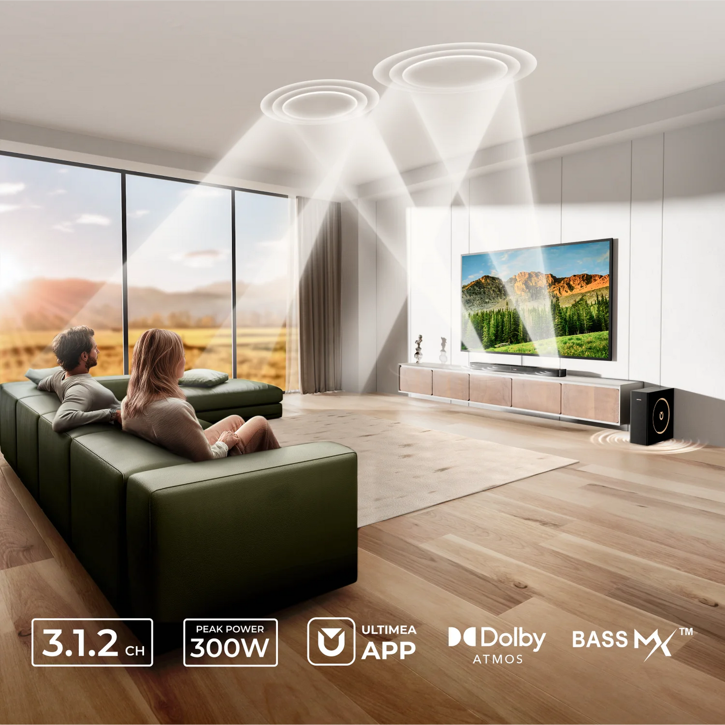 ULTIMEA Skywave F30Boom Soundbar 3.1.2ch Dolby Atmos Sound bar with 5.25'' Wired Subwoofer 300W，Home Theater for TV APP Control