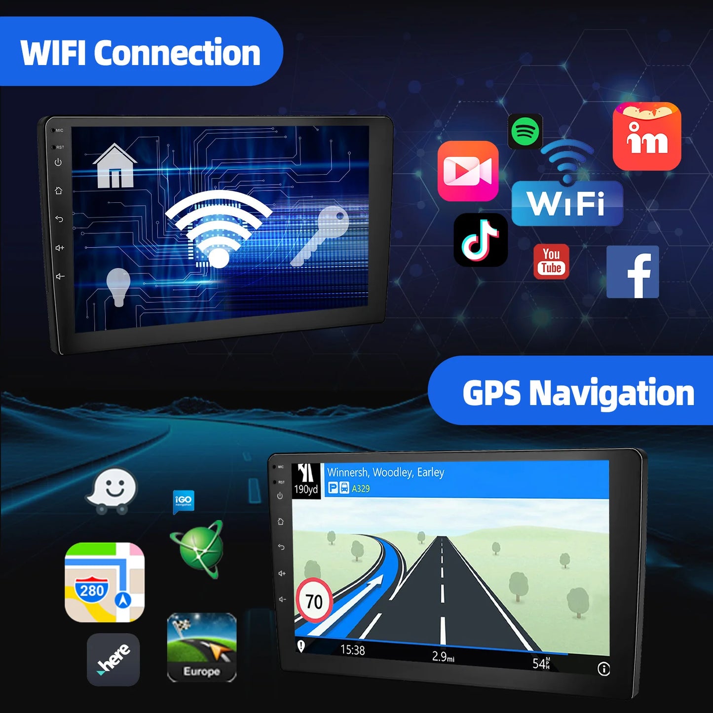 ESSGOO 7"/9"/10“ 2 DIN Android 14 4+64G Car Stereo Carplay Android Auto GPS SAT Navi Bluetooth FM RDS Radio WIFI Touchscreen