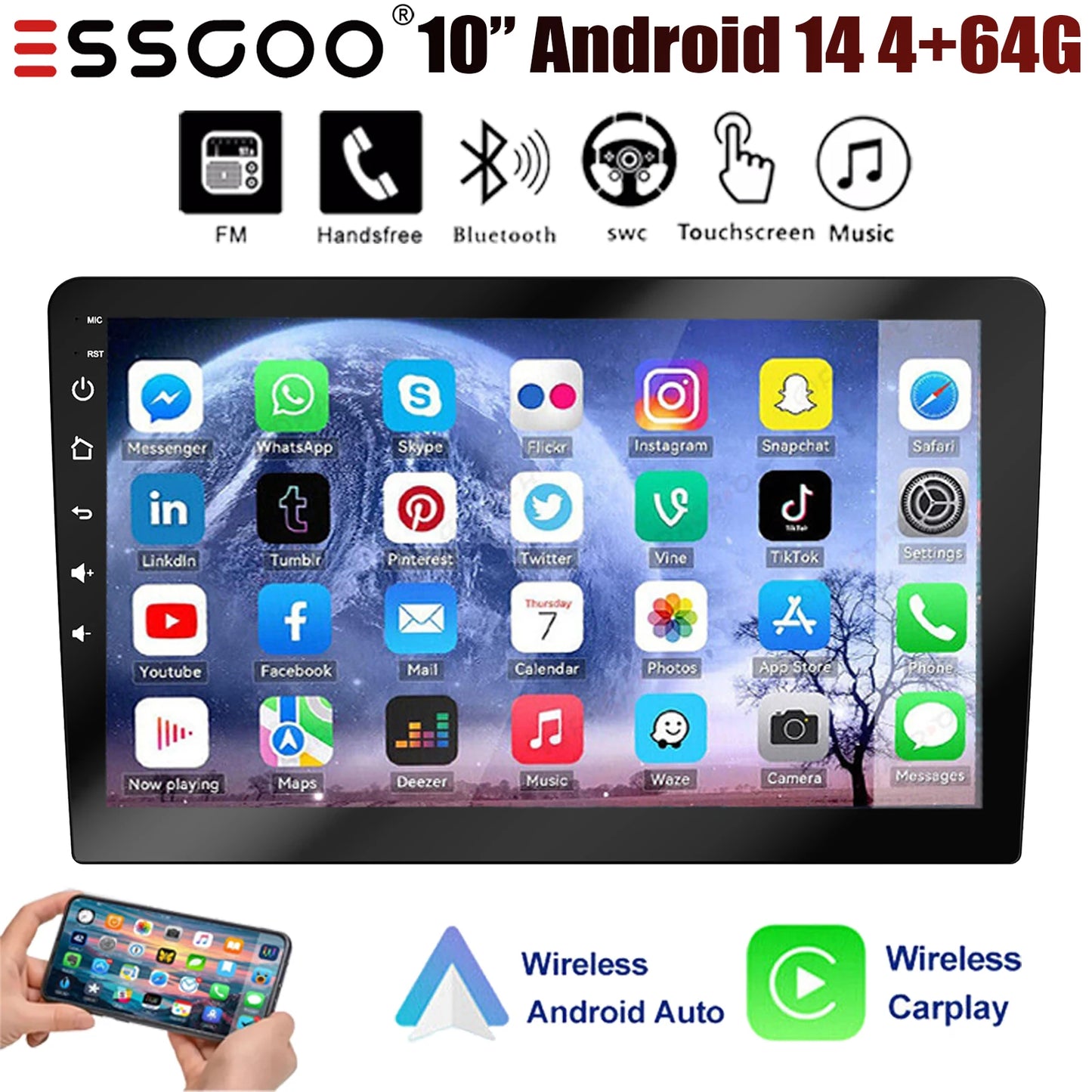 ESSGOO 10.1" Android 14 Carplay Car GPS Radio Stereo Double 2Din Head Unit FM SWC Bluetooth 4+64GB IPS Split Touch Screen WiFi