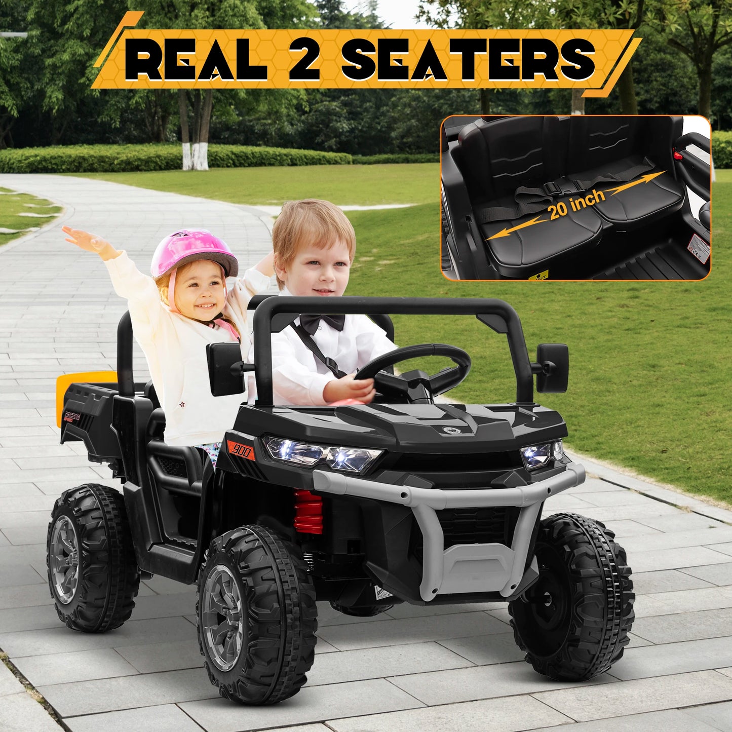 24V Ride on Dump Truck, 2 Seater Kids UTV Electric Car w/2.4G Remote Control, 4 Wheeler, Bluetooth Music, LED Lights, 24 Volt Ba