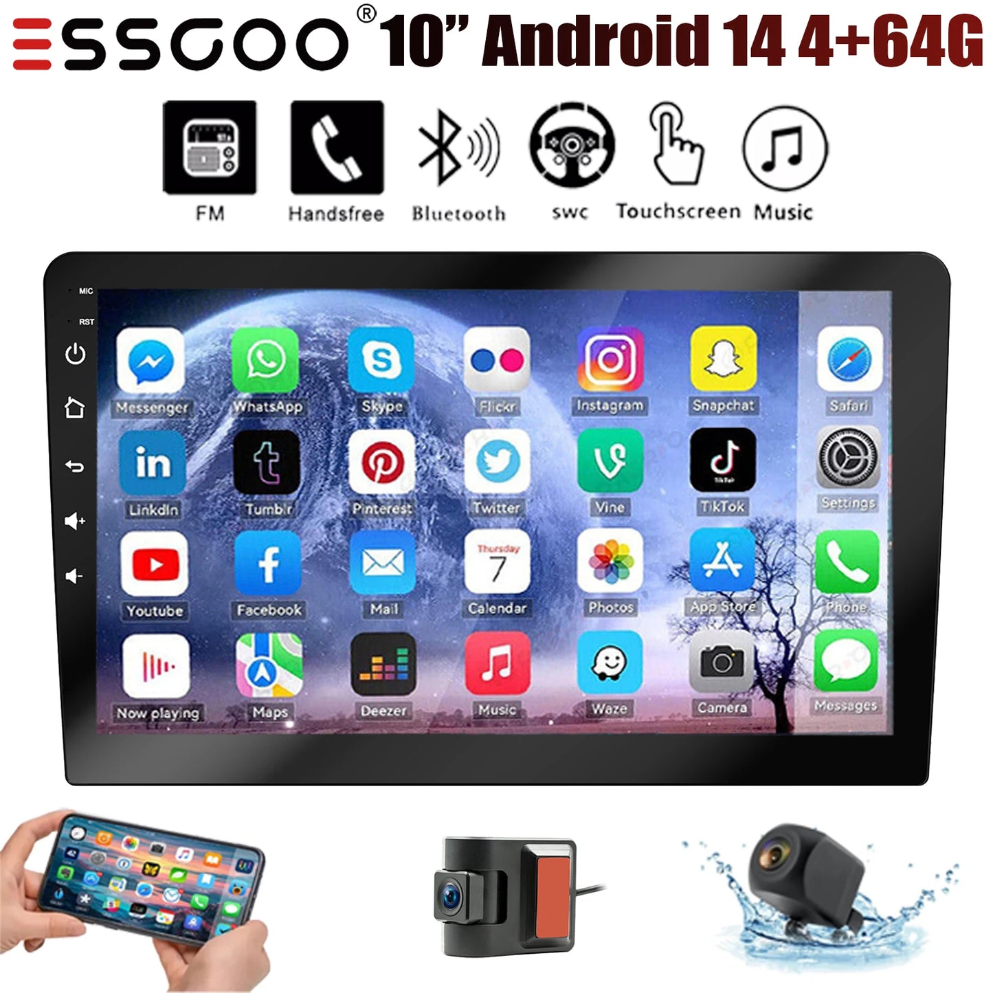 ESSGOO 10.1" Android 14 Carplay Car GPS Radio Stereo Double 2Din Head Unit FM SWC Bluetooth 4+64GB IPS Split Touch Screen WiFi