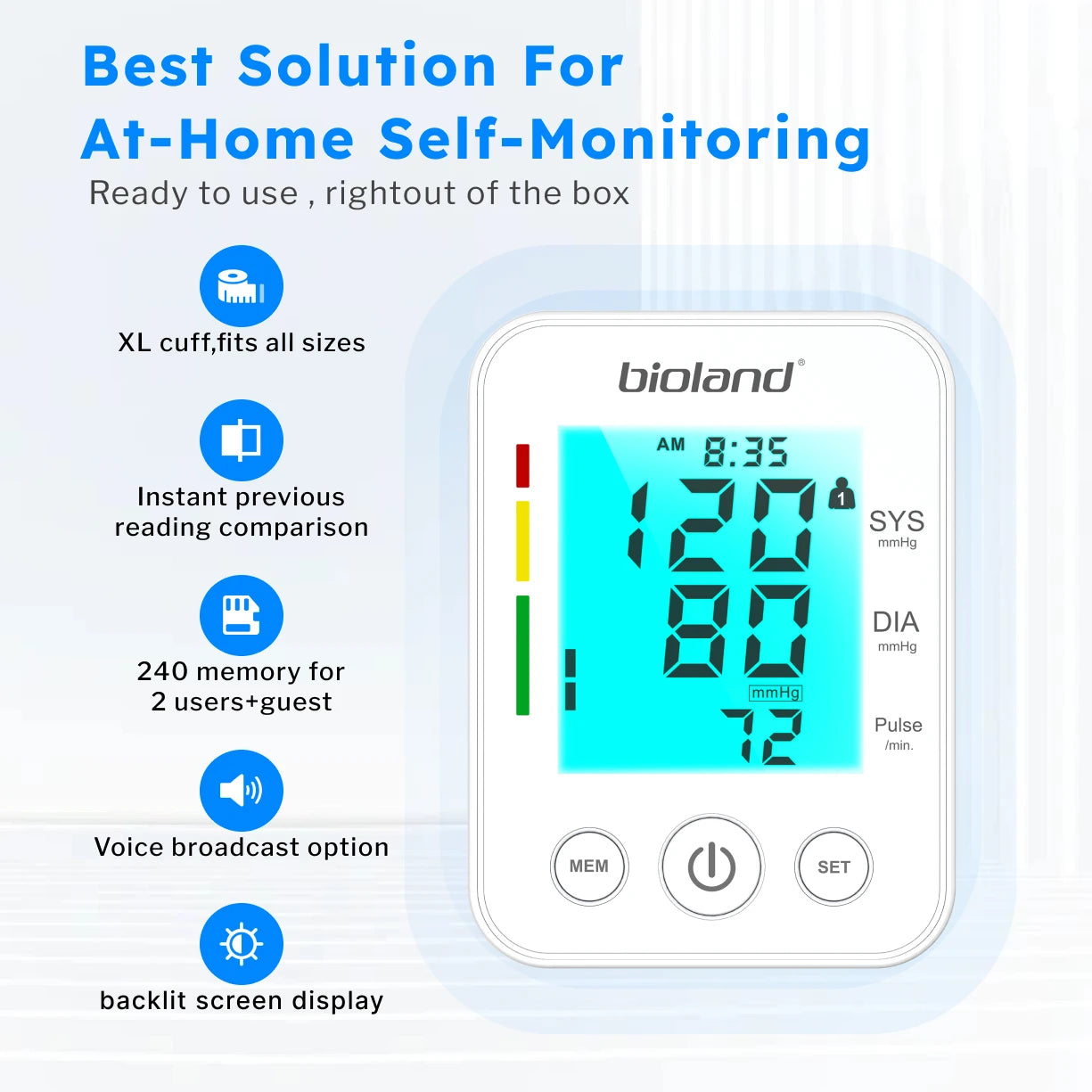 bioland 2008 Blood Pressure Monitor Tensiometer Upper Arm Automatic Digital BP Machine Heart Rate Monitor Backlight Blood Press