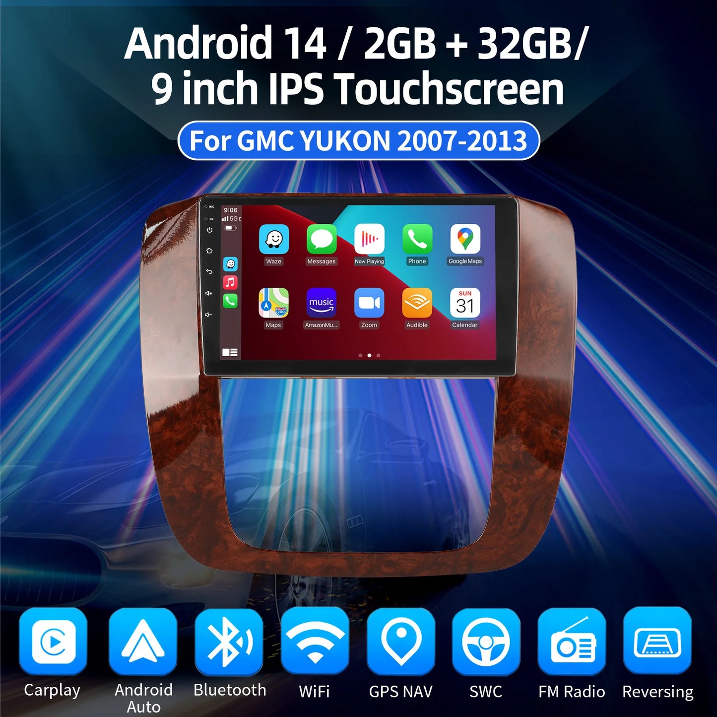 9" For GMC Chevy 2007-2014 Tahoe Suburban Wireless CarPlay Android14 Radio Stereo WiFi GPS Bluetooth Touch Screen SWC+DVR&Camera