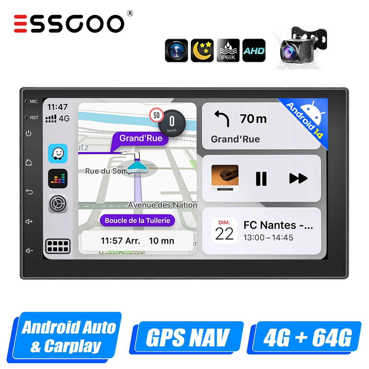 ESSGOO 7"/9"/10“ 2 DIN Android 14 4+64G Car Stereo Carplay Android Auto GPS SAT Navi Bluetooth FM RDS Radio WIFI Touchscreen