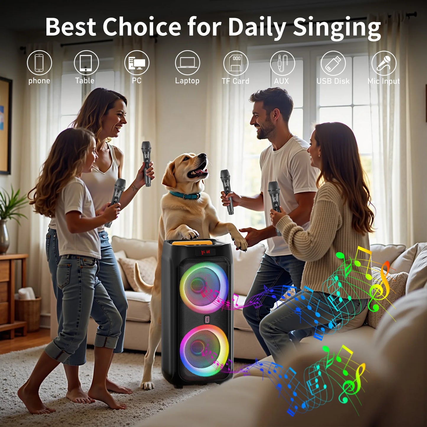 Karaoke Machine with 2 Wireless Microphones, Portable Bluetooth Speaker for Adults & Kids, Big Party PA System with Disco Lights