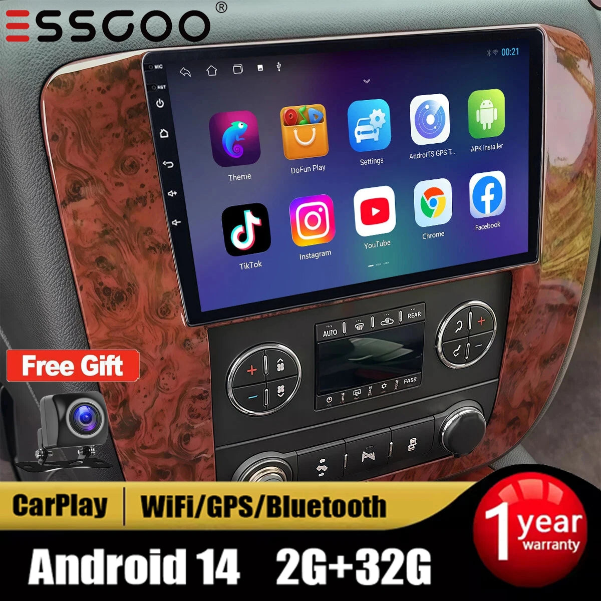 9" For GMC Chevy 2007-2014 Tahoe Suburban Wireless CarPlay Android14 Radio Stereo WiFi GPS Bluetooth Touch Screen SWC+DVR&Camera