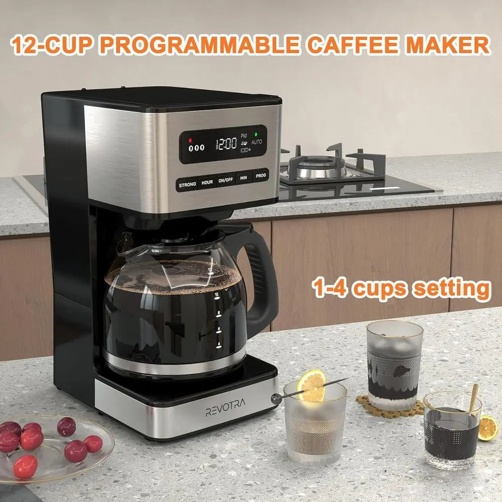 12-Cup Coffee Maker, Brew Drip Machine, 1-4 Cup, Ice Coffee, 24H Timer, Auto Shut-Off, Keep Warm, Pause & Serve