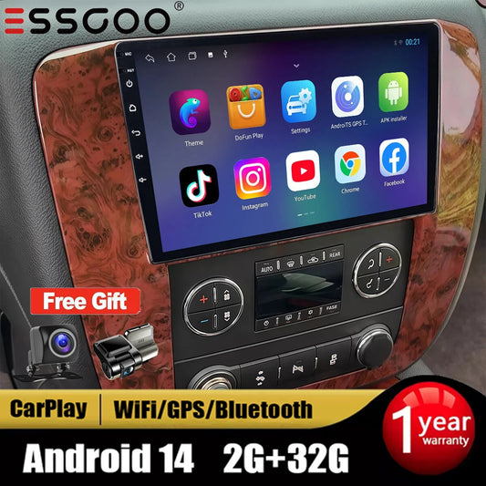 9" For GMC Chevy 2007-2014 Tahoe Suburban Wireless CarPlay Android14 Radio Stereo WiFi GPS Bluetooth Touch Screen SWC+DVR&Camera