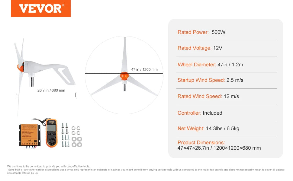 VEVOR 500W Wind Turbine Generator with Anemometer 12V Wind Turbine Kit 3-Blade Wind Power Generator MPPT Controller for Homeuse