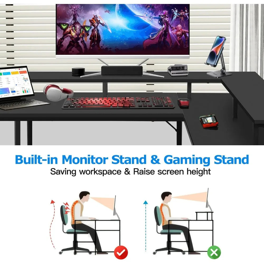 Panana 53.5" L Shaped Computer Desk Gaming Desk with LED Lights and Power Outlets, Reversible L Shaped Corner Desk