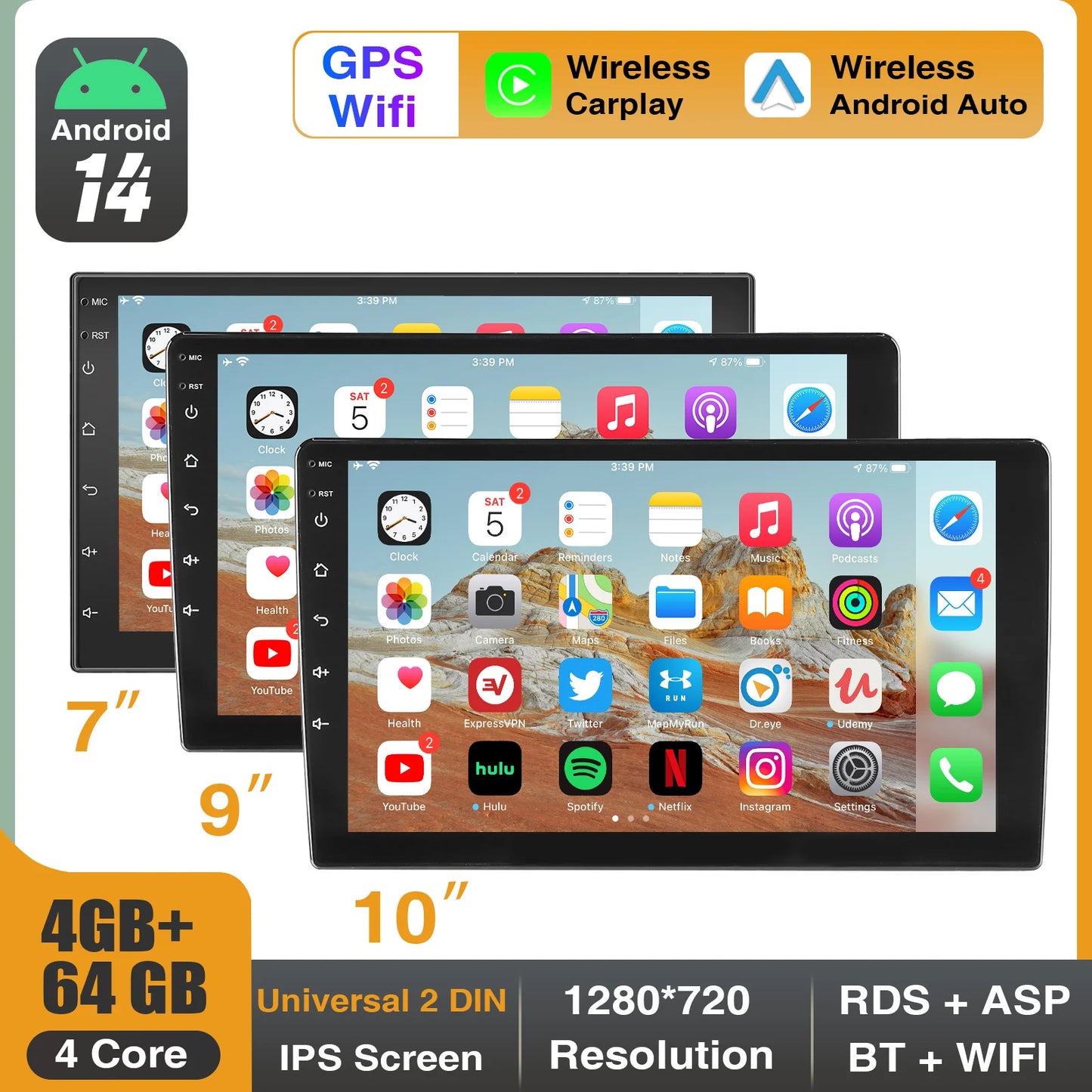 ESSGOO 7"/9"/10“ 2 DIN Android 14 4+64G Car Stereo Carplay Android Auto GPS SAT Navi Bluetooth FM RDS Radio WIFI Touchscreen