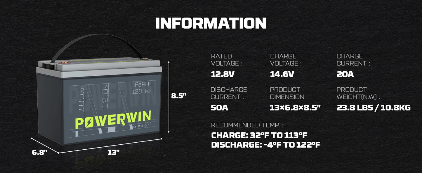 POWERWIN BT100 12.8V 100Ah 1280Wh LiFePO4 Battery 4000+Deep Cycle Rechargeable Built-in BMS Grade A Cell Solar Power Inverter RV