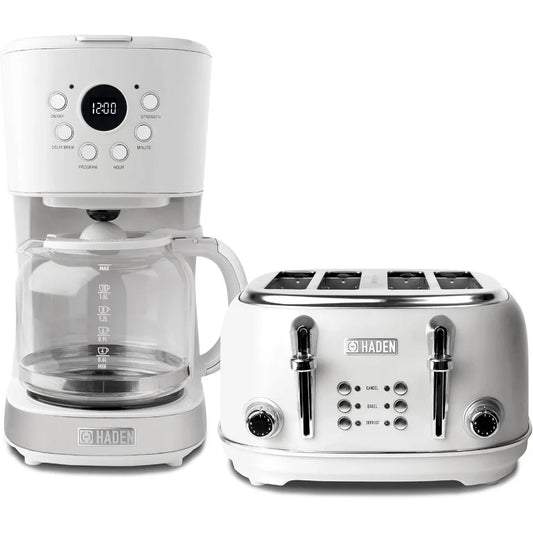 4Slice Wide Slot Stainless Steel Toaster with 12Cup Programmable Drip Coffee Maker for Home Kitchen Breakfast Setup Ivory and C