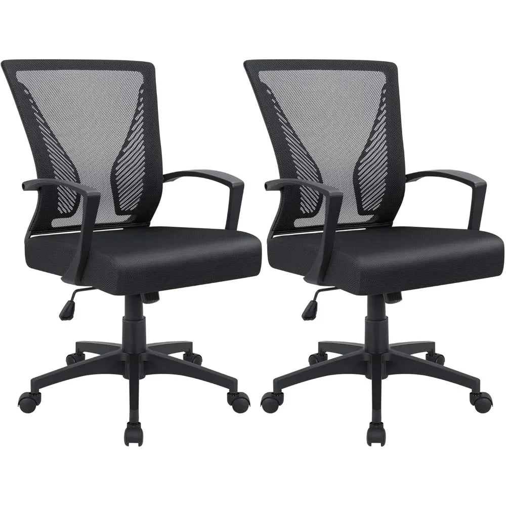 Office Chair Ergonomic Computer Desk Mesh Chair Mid Back Swivel Lumbar Support with Armrest (2, Black)