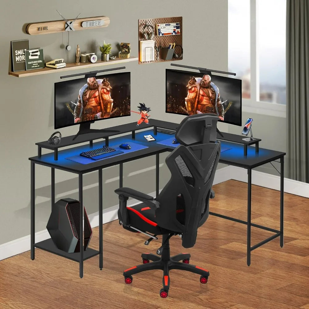 Panana 53.5" L Shaped Computer Desk Gaming Desk with LED Lights and Power Outlets, Reversible L Shaped Corner Desk