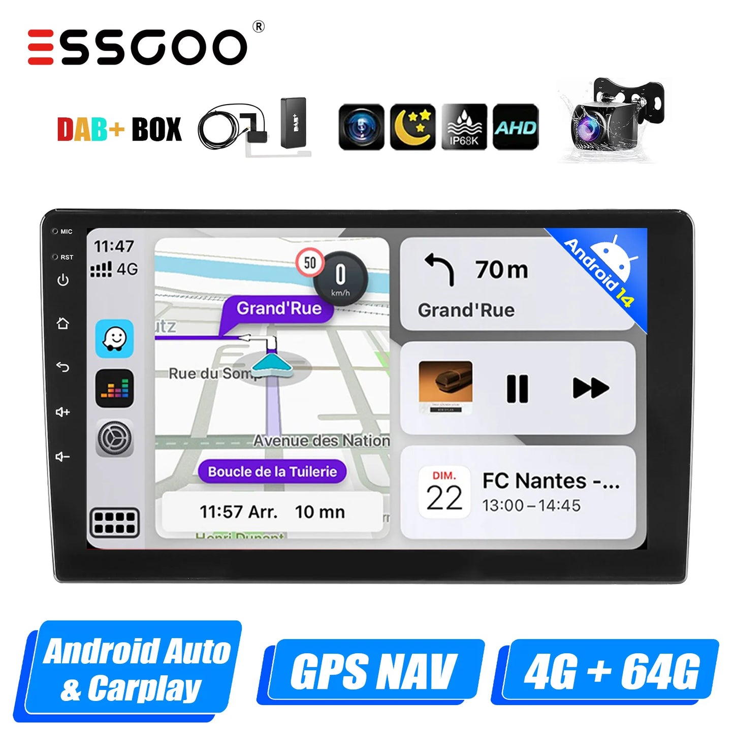 ESSGOO 7"/9"/10“ 2 DIN Android 14 4+64G Car Stereo Carplay Android Auto GPS SAT Navi Bluetooth FM RDS Radio WIFI Touchscreen