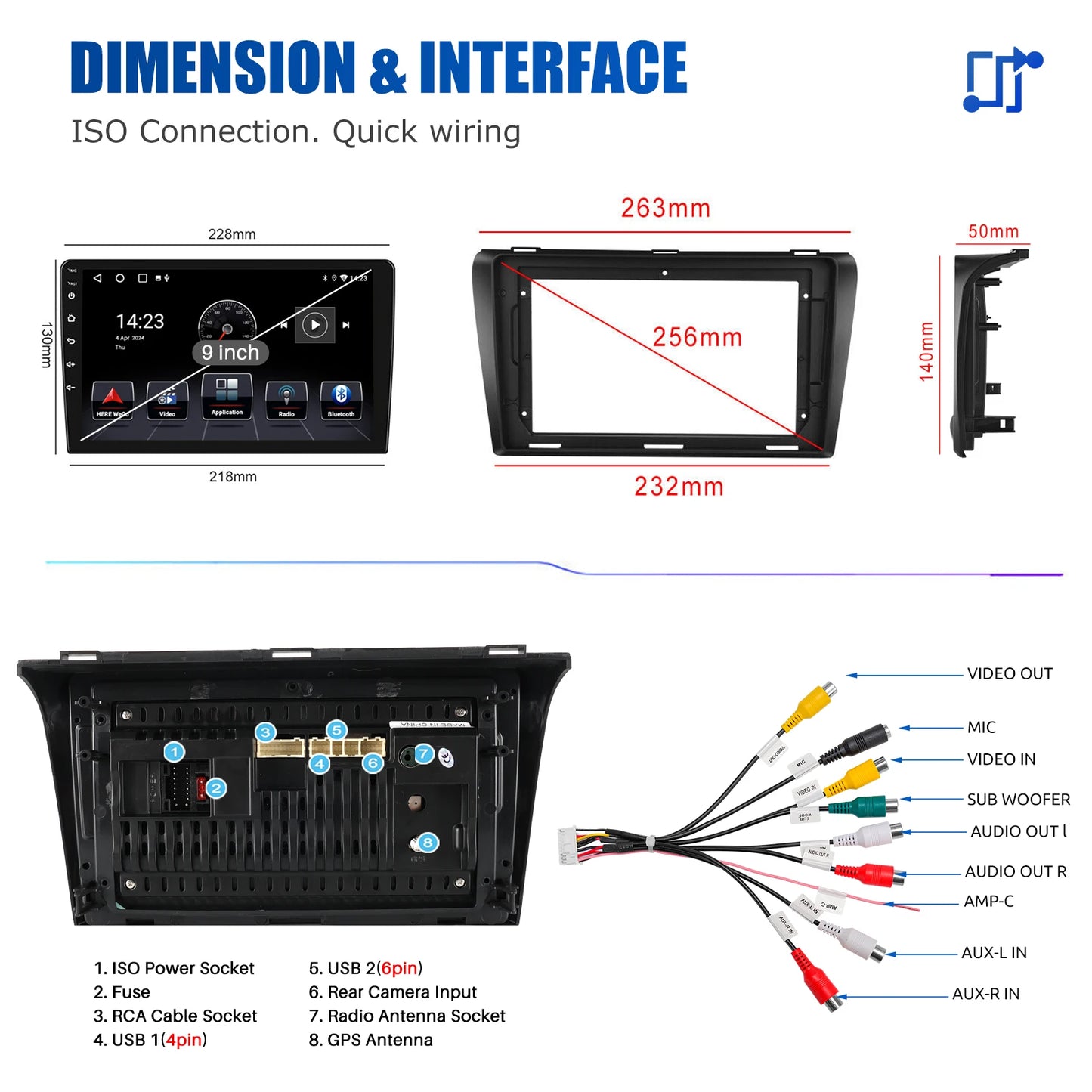 9" Android 14 Car Stereo Radio 4+64G For Mazda 3 2003-2009 GPS Navigation Apple CarPlay WiFi Bluetooth FM/RDS SWC+DAB&DVR&Camera