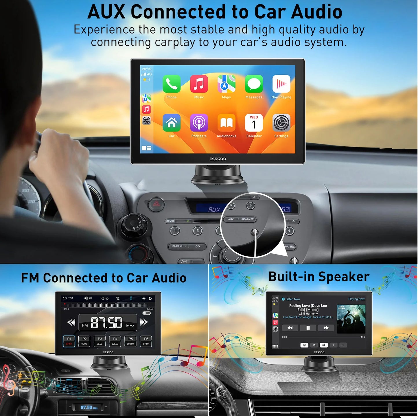ESSGOO 9 Inch Touch Screen Portable Car Stereo Radio Wireless Apple Carplay Android Auto USB TF Bluetooth Mirror Link