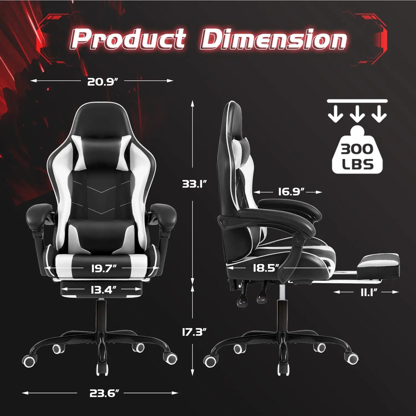 Gaming Chair with Footrest & Massage Lumbar Support, Ergonomic Adjustable Office Chair