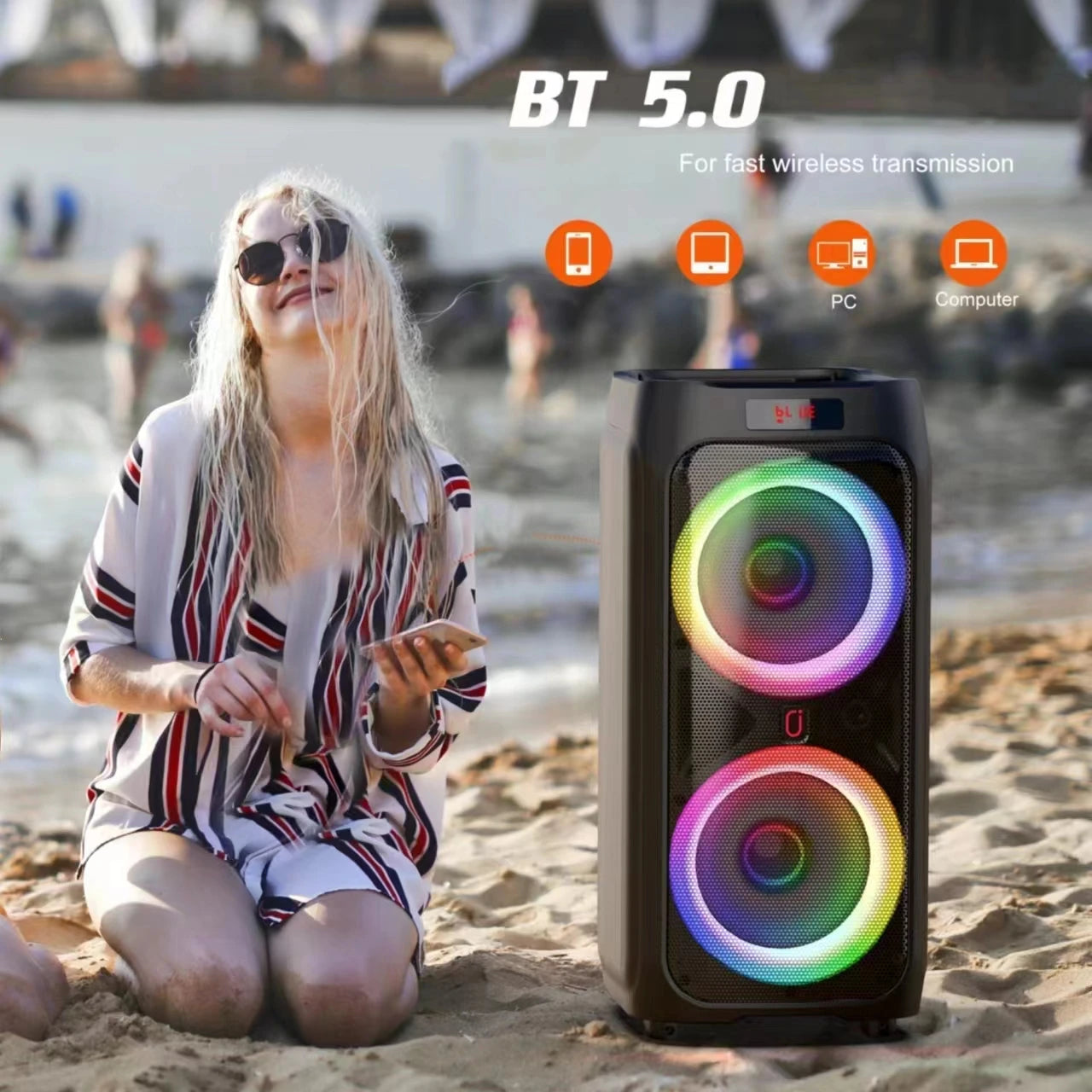 Karaoke Machine with 2 Wireless Microphones, Portable Bluetooth Speaker for Adults & Kids, Big Party PA System with Disco Lights