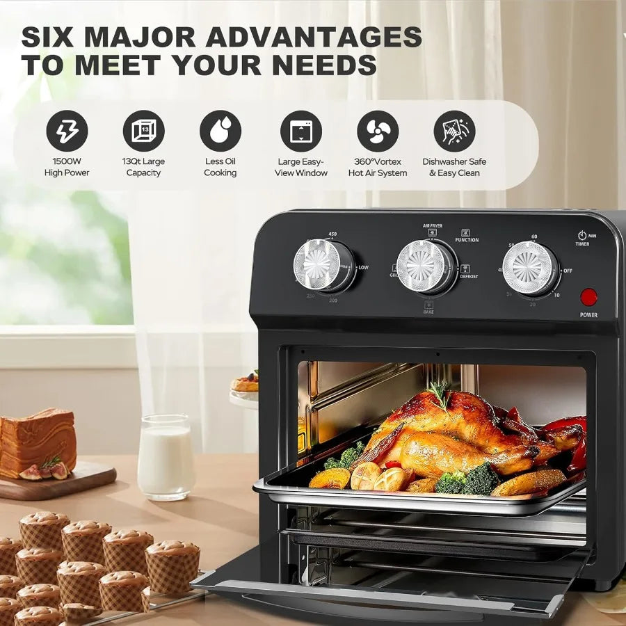 13 Quart 4 Slices Air Fryer Convection Toaster Oven with 1500W Power Multifunctional Kitchen Appliance for Air Frying Grilling