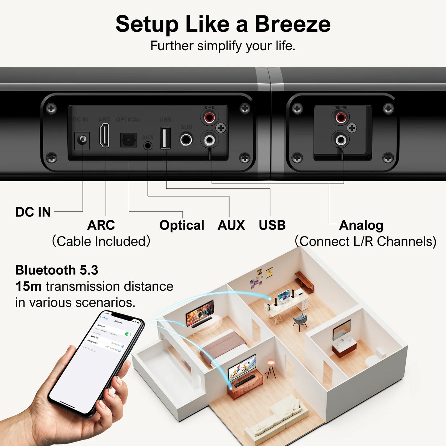 ULTIMEA Apollo S40 2.2ch Soundbar Peak Power 100W, 2-in-1 Detachable Bluetooth 5.3 Soundbar for TV, 3 EQ Modes, Bass Adjustable