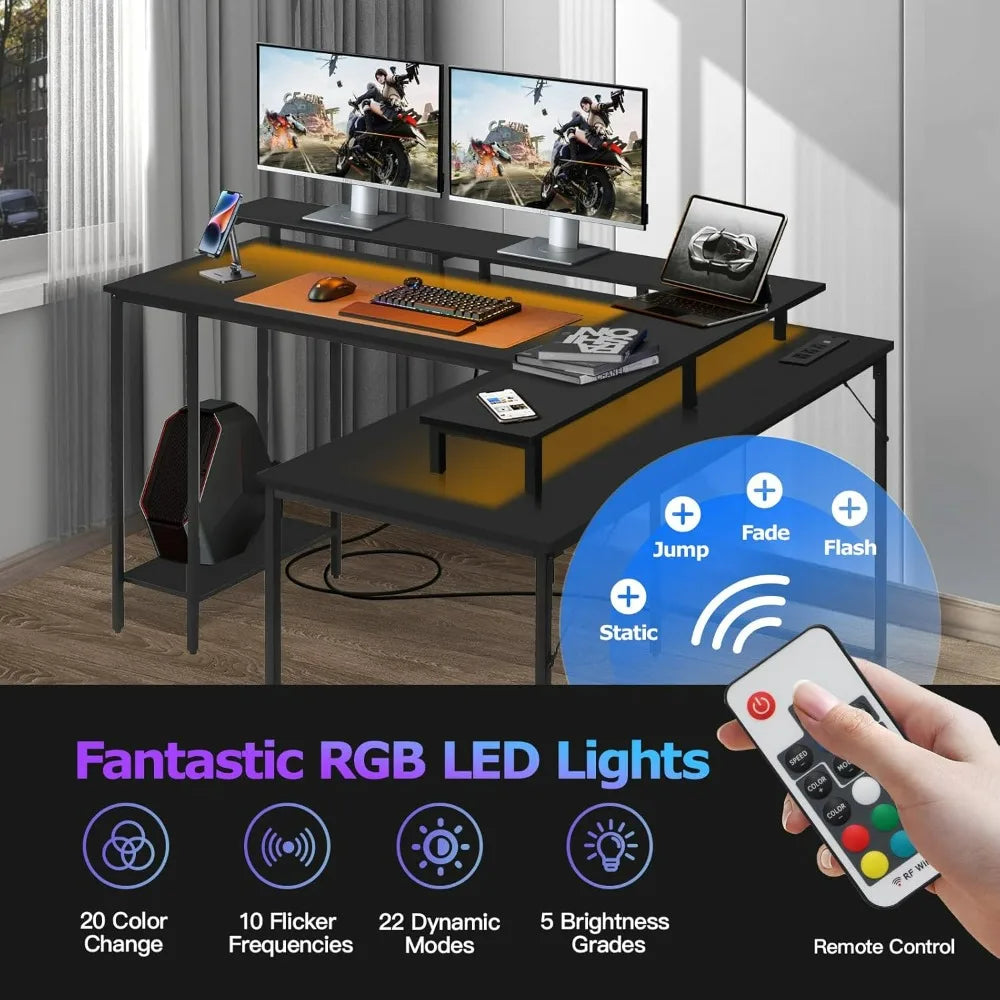 Panana 53.5" L Shaped Computer Desk Gaming Desk with LED Lights and Power Outlets, Reversible L Shaped Corner Desk